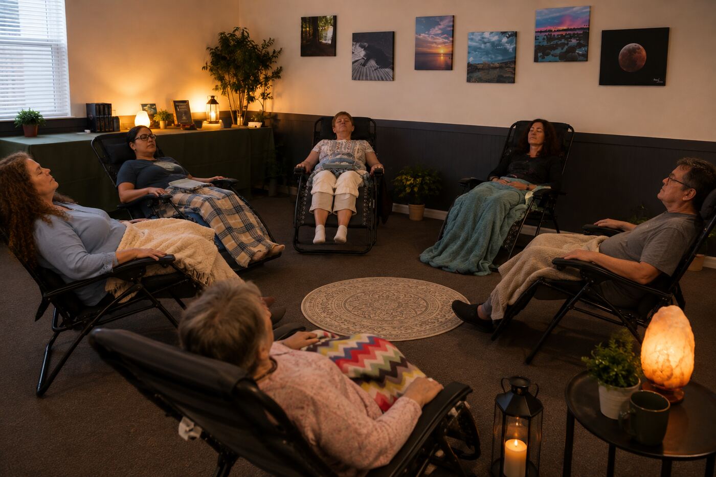 Group hypnosis session in Nancy's office